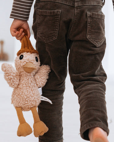 Toddler with Petunia the Duck heirloom soft toy – cotton plush and merino wool – newborn baby gift – Babu