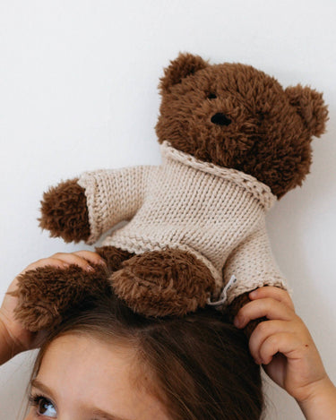 Milo the Bear soft toy – luxuriously soft chocolate plush fabric detail – Australian designed – Babu – close up