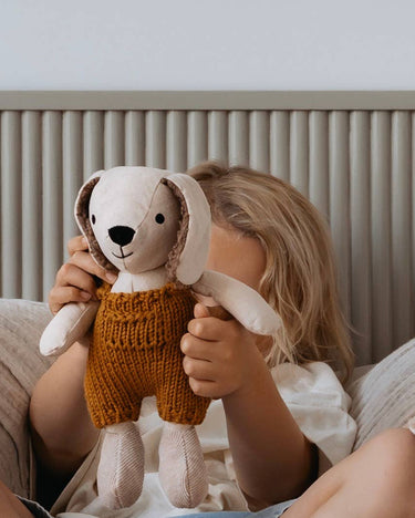Baby with Gilbert the Dog heirloom soft toy – merino wool and linen – newborn baby gift – Babu