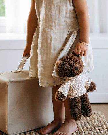 Toddler with Milo the Bear heirloom soft toy – plush and merino wool – newborn baby gift – Babu