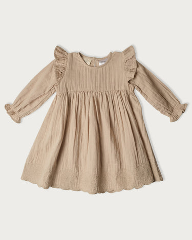 Organic cotton muslin long sleeve dress for girls in Oat neutral – GOTS certified double gauze – embroidered scallop and ruffle detail – Babu - front