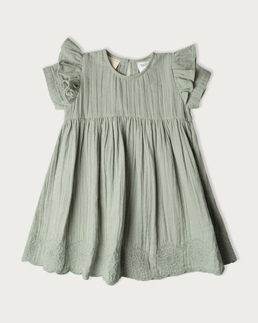 Organic cotton muslin short sleeve dress for girls in Matcha sage green – GOTS certified double gauze – embroidered scallop and ruffle detail – Babu - front