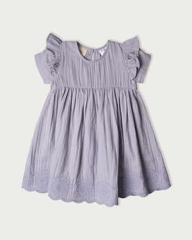 Organic cotton muslin short sleeve dress for girls in Mixed Berry lilac – GOTS certified double gauze – embroidered scallop and ruffle detail – Babu - front