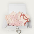 A baby gift set in a white box, featuring a light pink plush bunny toy, a pale pink bodysuit with dusty rose trim, matching shorts, and a white satin ribbon, on a clean white background.