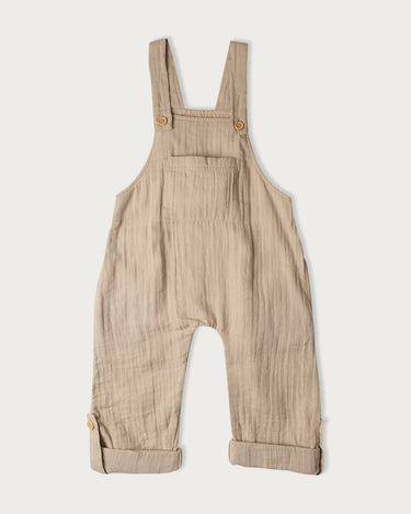 Organic cotton muslin overalls for babies, toddlers and kids in Oat neutral – GOTS certified double gauze – adjustable straps and rolled cuffs – Babu - front