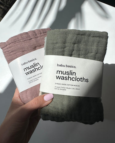 Cotton muslin face cloths 3 pack in Moss green, Sage, Oat natural – 4 layer gentle exfoliating wash cloth – skincare and baby bath – Babu - in packaging