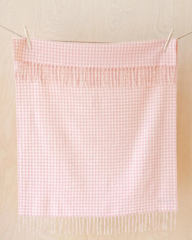 A light pink and white gingham checkered towel with fringed edges hanging from clips on a string against a light wood-paneled wall.