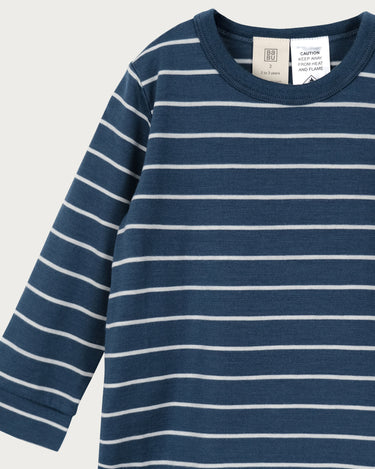 Babu Merino PJ Set - Denim Stripe - close up detail