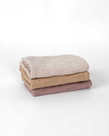 Cotton muslin face cloths 3 pack in Marigold yellow, Mocha brown, Oat natural – 4 layer gentle exfoliating wash cloth – skincare and baby bath – Babu