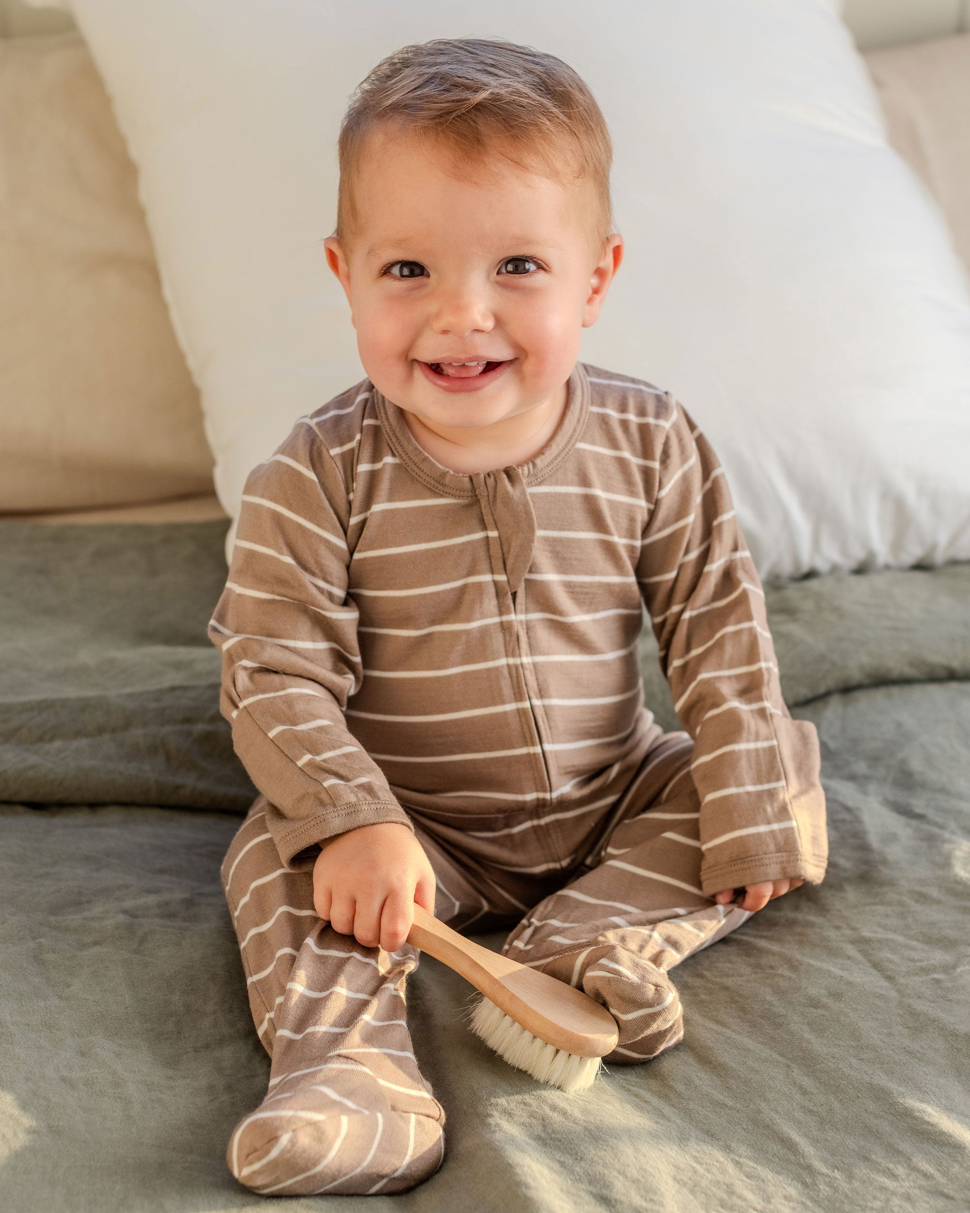 Merino Footed Onesie - Walnut Stripe