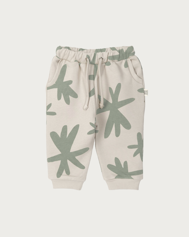 Organic cotton sweatpants for kids and toddlers in Sage green star – GOTS certified – relaxed fit with drawstring waist – Babu