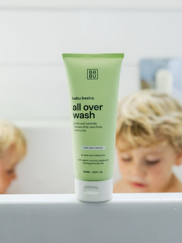 Baby at bath time with natural all over wash – tear free gentle formula for sensitive skin – Babu